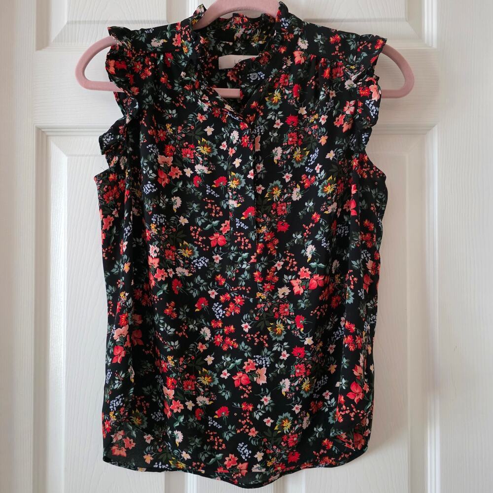 Loft Black Multicolor Floral Print Ruffle Sleeveless Blouse Tank Size XS Petite
